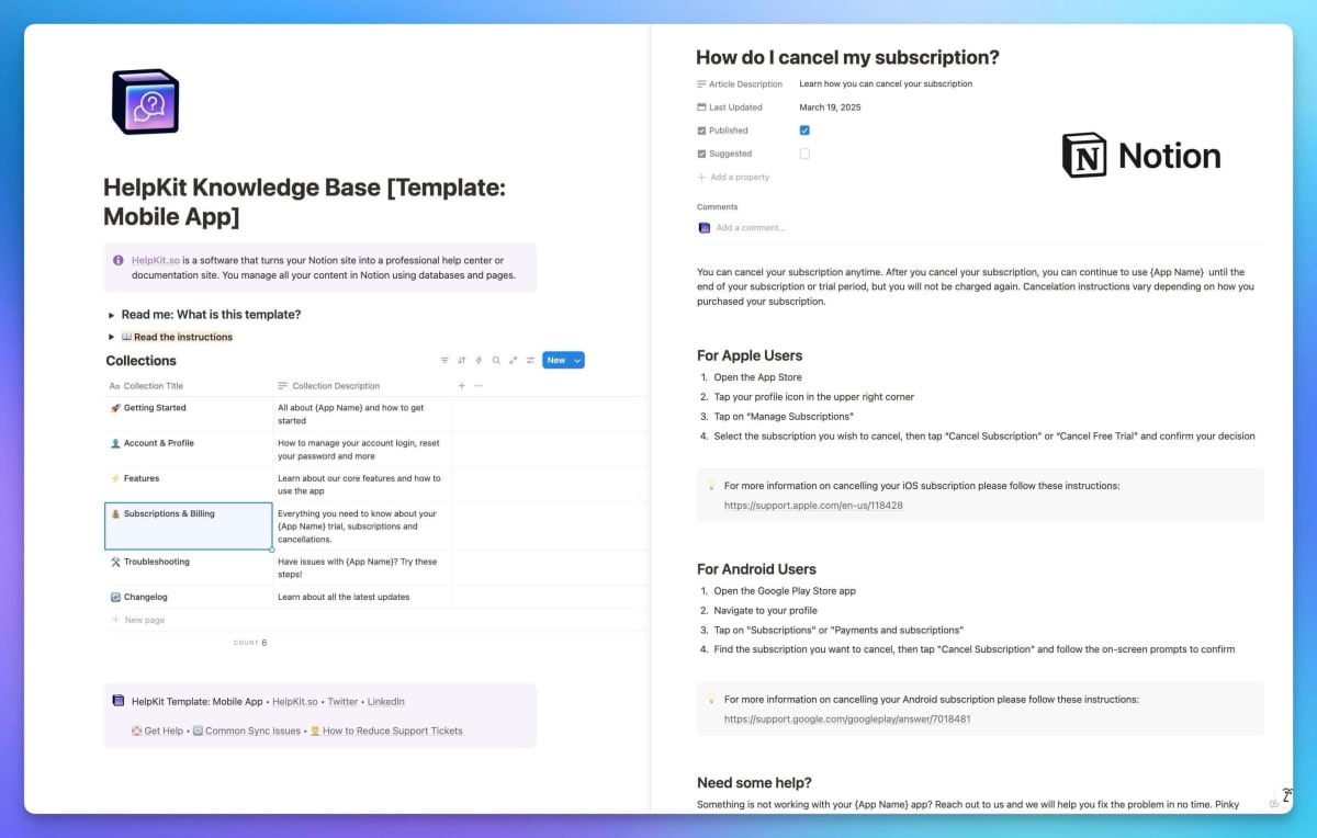 Sign up for HelpKit’s 7 day free trial to get access to the free template