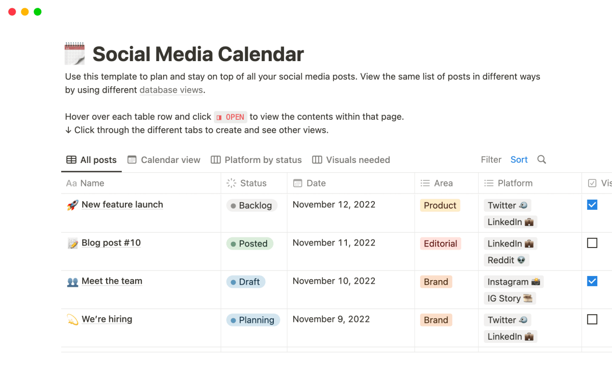Notion Template: Social Media Calendar