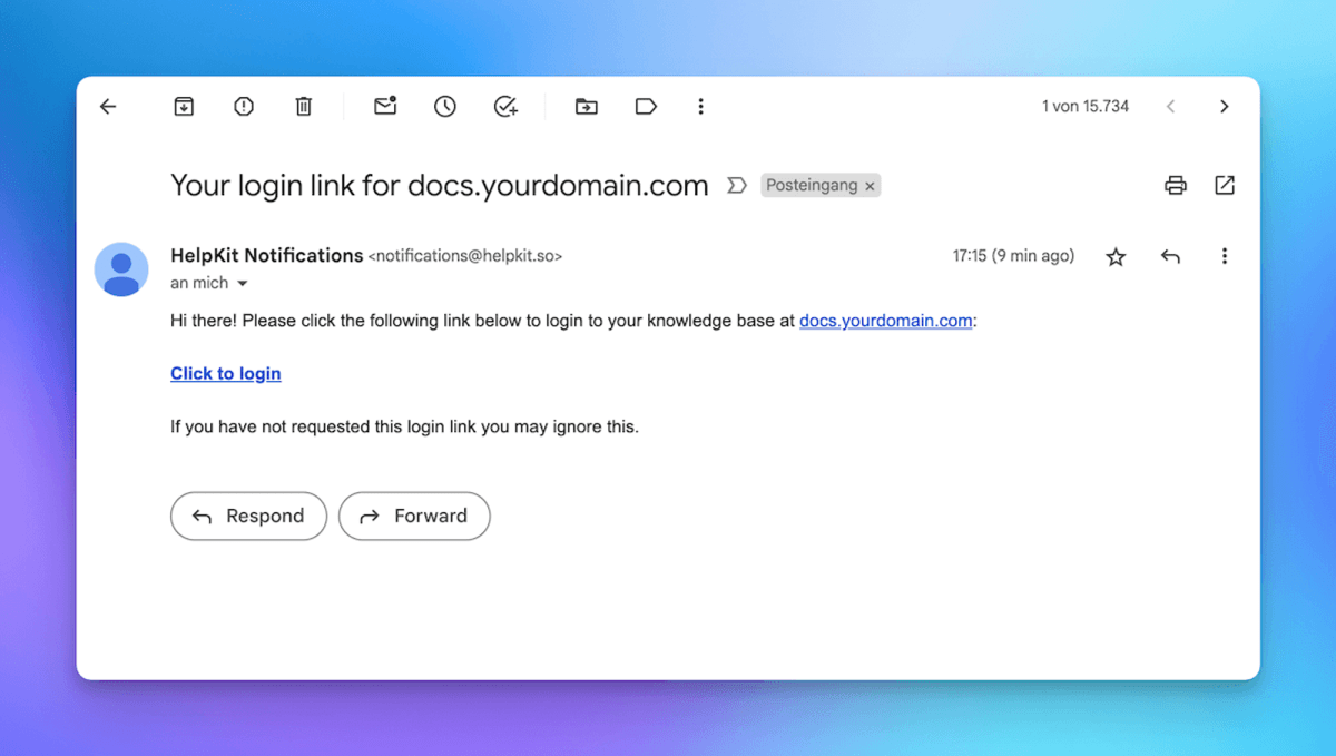 Example email with login link for user