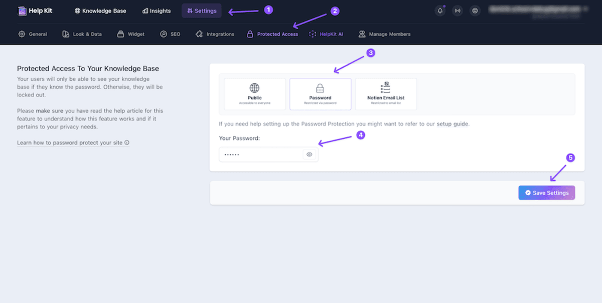 How to setup password protection within the HelpKit dashboard