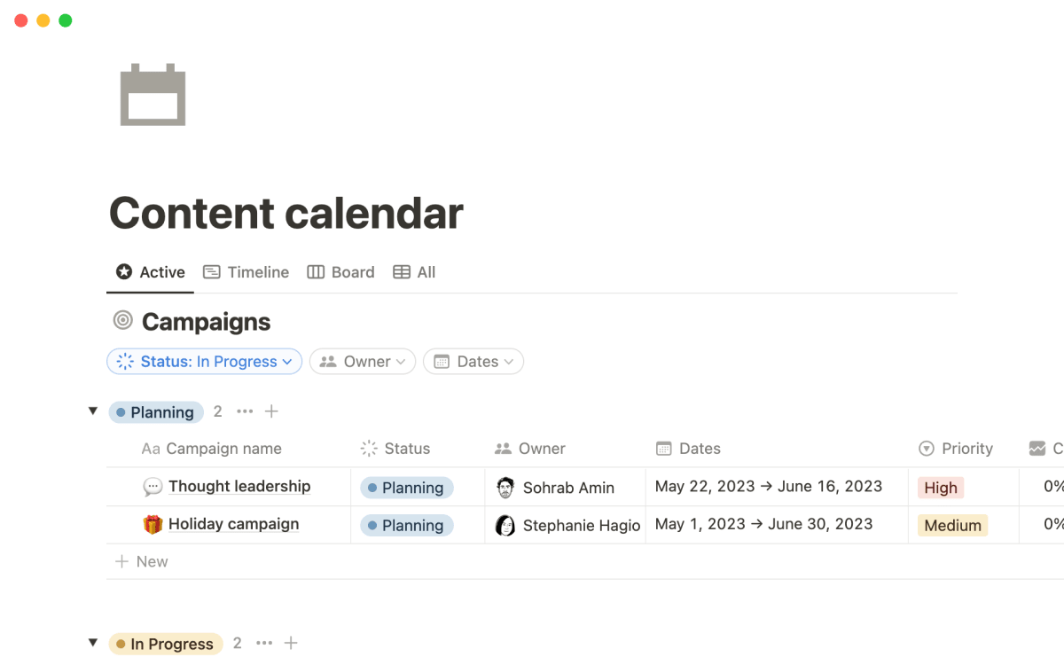 Notion Template: Content calendar