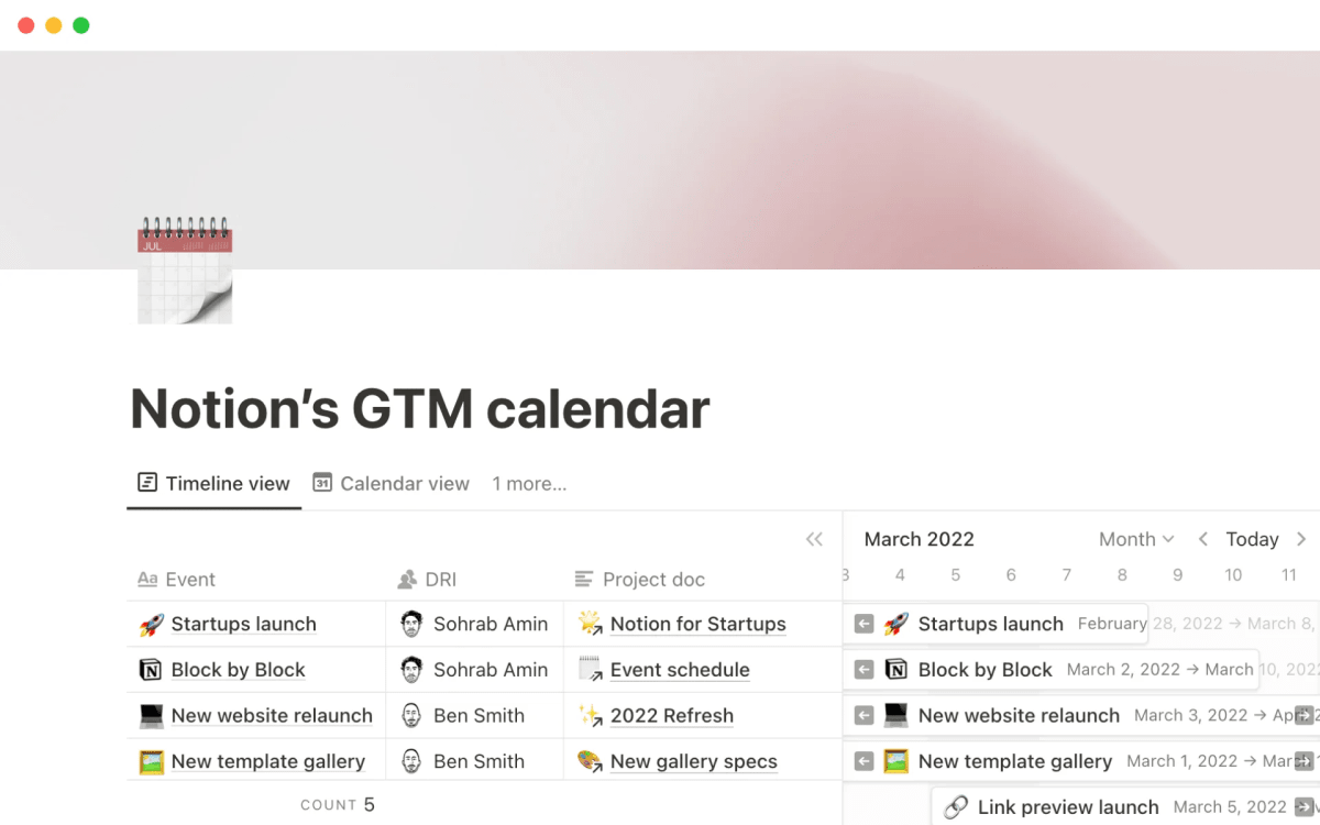 Notion Template: GTM calendar