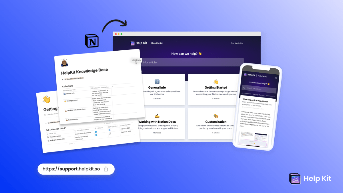 Example of how HelpKit turns your structured Notion page into a hosted professional help center