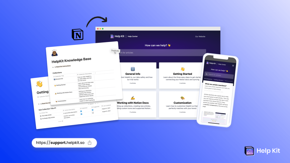 Example of how HelpKit turns your structured Notion page into a hosted professional help center 